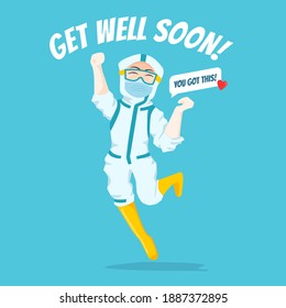 Expressive Nurse Character Illustration wearing ppe hazmat suit jumping and happy to say get well soon for patient motivation in isolation