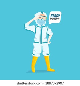 Expressive Nurse Character Illustration Wearing Ppe Hazmat Suit Ready For Duty With Hand Salute  