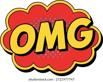 Expressive OMG comic bubble in colorful pop art style with bold typography, halftone dots, and thick black outlines. Vector illustration isolated on white background. Perfect for reaction graphics, comics, stickers, memes, advertising designs, social media content, pop culture visuals, and modern cartoon projects.