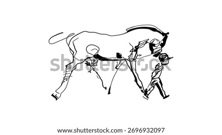 Expressive one line drawing of a man walking with a horse. Simple, elegant black and white illustration in minimal continuous line style.