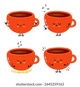 Expressive orange Coffee Cup characters displaying dynamic emotions, cheerful, drowsy, rocking out, and melodically singing within whimsical beverage themed illustration
