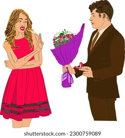 An expressive painting of a person offering roses and a wedding ring to a girl who refuses