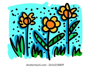 Expressive pop art illustration of bright yellow flowers with bold black outlines and a cheerful blue background. 