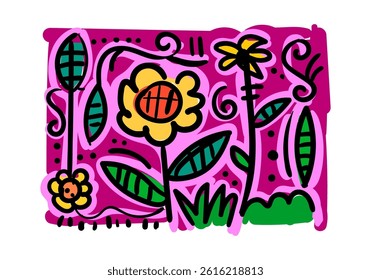 Expressive pop art illustration of bright yellow flowers with bold black outlines and a cheerful blue background. 