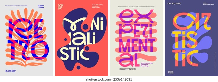 Expressive poster set showcasing bold typography with abstract shapes. Features retro, minimalist, and experimental themes, vibrant color schemes, and artistic layouts for 2025 events.