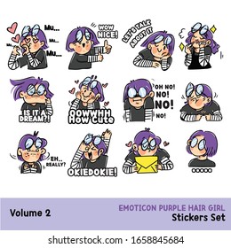 Expressive Purple Haired Girl Sticker Asset Set Vol. 2. Doodle Illustration Best for Messenger Chat App, Web Use