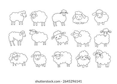 Ilustrações expressivas e peculiares de ovelhas rabiscadas. Perfeito para arte infantil, convites, materiais educativos. Inclui elementos isolados. Arquivos vetoriais.