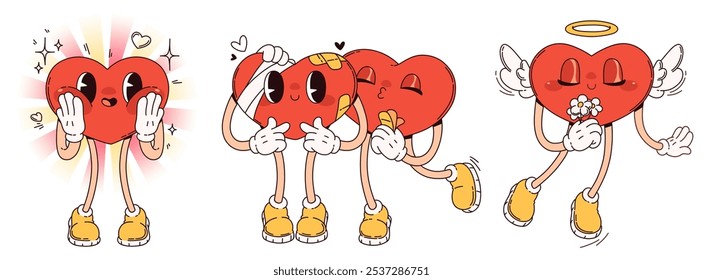 Expressive red groovy heart characters wearing yellow boots show different moods. Cartoon love symbol mascot with joyful emotions, broken with band aids patch, flying with flowers, wings and halo.