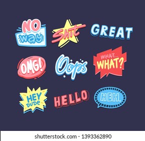 Expressive sayings flat vector stickers pack. Creative social media cartoon messages. Greeting card, postcard typography design. Hello, oops, OMG letterings. Trendy slang phrases collection
