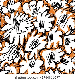 Expressive seamless pattern with bold hand-drawn flowers, sketchy lines, and scribble texture. High-contrast black outlines with vibrant accents create a modern, artistic and edgy decorative surface design