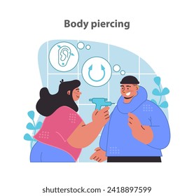 Elección expresiva de estilo propio. Servicio de perforación de cuerpo experto. Modificación del cuerpo profesional y segura. Ilustración vectorial en estilo plano.