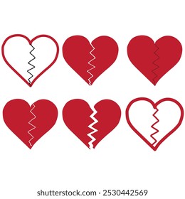 Expressive Set of Broken Heart Icons Featuring Red and White Designs with Unique Fractured Patterns for Emotional Visuals
