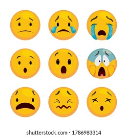 Expressive set of emoticons: sad, crying a little and  like a waterfall, surprised, scared, confounded and dizzy or dead emoji faces!