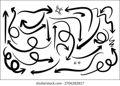 Ausdrucksstarker Satz handgezeichneter schwarzer Doodle-Pfeile mit Schleifen, Kurven, Wirbel, Zickzack und dynamischen Richtungsstrichen, perfekt für Infografiken, Notizen, Highlights und kreative Design-Layouts