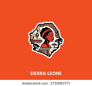 Mapa expresivo de Sierra Leona con motivos tribales y siluetas culturales, perfecto para carteles, marcas de viajes, arte del patrimonio africano y proyectos creativos.	