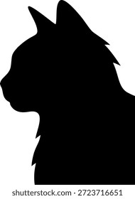 Expressive silhouette of a fluffy cat head in profile with detailed fur and ears on a transparent background