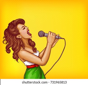 Expressive singing woman with microphone in hands pop art vector illustration with copyspace. Karaoke signer, musical band vocalist, pop star pin up portrait for party, concert or musical event ad