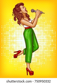 Expressive singing woman with microphone in hands pop art vector illustration with copyspace. Karaoke signer, musical band vocalist, pop star pin up poster for party, concert or musical event ad