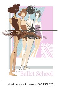 Expressive sketch of two girls - dancers in front of a large mirror. dance class in ballet school
