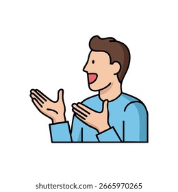 Expressive Speaker Icon. This vivid illustration depicts a person engaged in lively dialogue, using hand gestures to emphasize a point or convey a clear message. Represents communication.