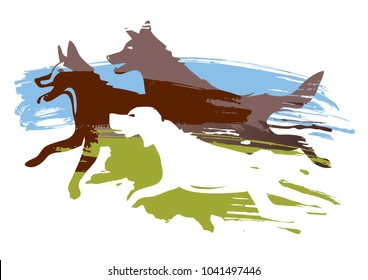 Expresiva, estilizada, Ilustración vectorial de tres perros corredores en el prado.