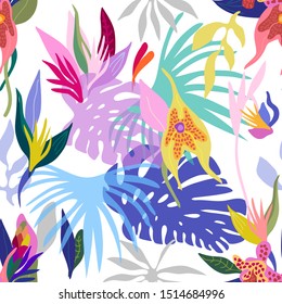 Expressive tropical print. Colorful palm leaves and blooming orchids on white background. Swimwear textile collection.