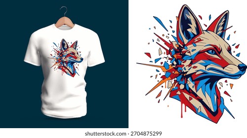 Ilustração de vetor de camiseta expressiva de uma cabeça de raposa emergindo através de traços de pintura espalhados dinâmicos e formas angulares quebradas, apresentando vermelhos e azuis contrastantes brilhantes, contornos faciais nítidos