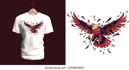 Expressive t-shirt vector illustration of a soaring eagle bursting into angular red and black shards, featuring detailed feather textures, wide-spread wings, sharp talons, intense downward gaze