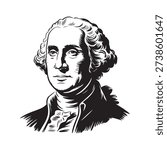 Expressive vector drawing of George Washington in black and white, highlighting his determined gaze and ruffled jabot.