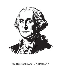 Expressive vector drawing of George Washington in black and white, highlighting his determined gaze and ruffled jabot.