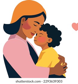 Expresiva ilustración vectorial de una madre abrazando a su hijo. Una descripción reconfortante del amor, la unión y la unión. Perfecto para la crianza y el diseño de temática familiar. Madre hija #amor #familia