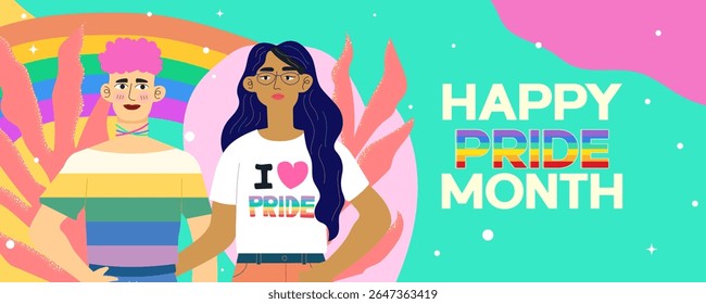 Uma expressiva ilustração vetorial para o Mês do Orgulho, mostrando a alegria do amor e da unidade entre indivíduos diversos.