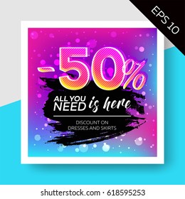 Expressive Vector Sale Template with Grunge Watercolor Splash and Calligraphy. Trendy Colorful Elements, Bokeh Effect. Advertising For Store, Web Banner, Pop-up, Website, Flyer.