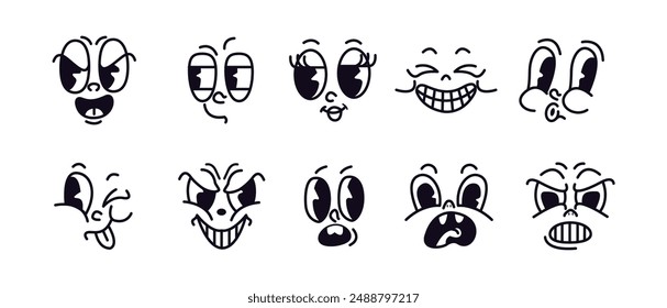 Expressive vintage cartoon character faces thin line vector icons set on white background. Facial emotions retro graphic constructor elements