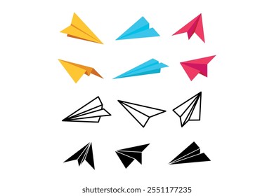 Expressive visual representations of colorful paper airplanes, Interactive origami airplane illustrations suitable for various media, Kaleidoscopic paper plane icons for a visually stunning layout