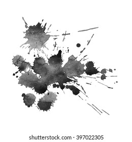 Expressive watercolor monochrome black and white spot blotch with splashes