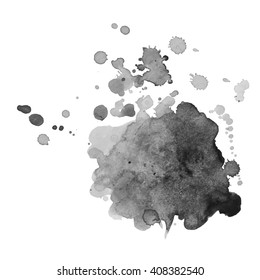 Expressive watercolor monochrome black and white spot blotch with splashes. Vector illustration