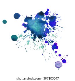 Expressive watercolor splash background, blue green paint drops texture