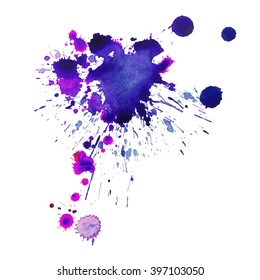 Expressive watercolor splash background,violet paint drops texture