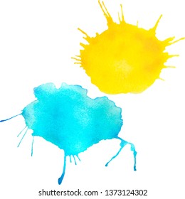 Expressive watercolor splashes. Blue and yellow.