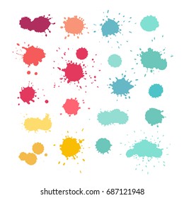 Expressive watercolor splashes. Stain vector collection, blue yellow pink purple red colors