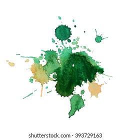 expressive watercolor spot blotch with splashes green yellow color. Banner for text, grunge element for decoration