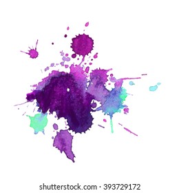 expressive watercolor spot blotch with splashes violet purple blue mix color. Banner for text, grunge element for decoration