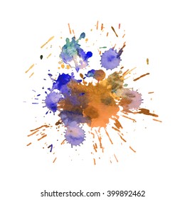 expressive watercolor spot blotch with splashes violet orange color. Banner for text, grunge element for decoration
