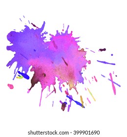 expressive watercolor spot blotch with splashes violet pink color. Banner for text, grunge element for decoration