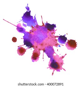expressive watercolor spot blotch with splashes violet purple  pink color. Banner for text, grunge element for decoration