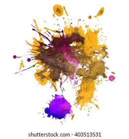 expressive watercolor spot blotch with splashes orange yellow violet color. Banner for text, grunge element for decoration