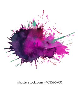 expressive watercolor spot blotch with splashes pink violet purple color. Banner for text, grunge element for decoration