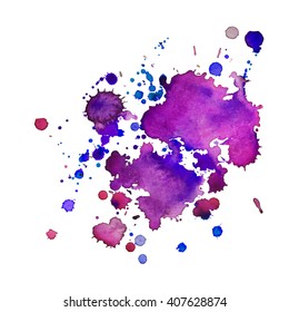 expressive watercolor spot blotch with splashes violet pink color. Banner for text, grunge element for decoration