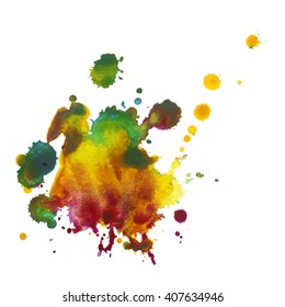 expressive watercolor spot blotch with splashes violet pink color. Banner for text, grunge element for decoration